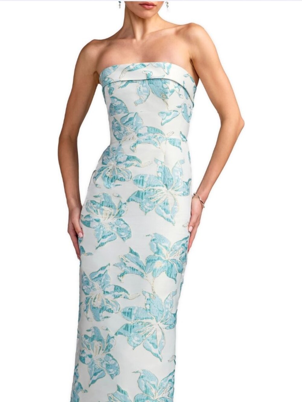 Mac Duggal Strapless Floral Brocade Midi Column Dress French Blue Size 6